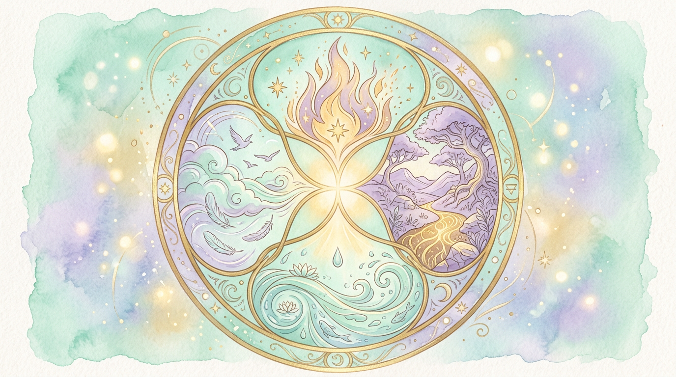 A stylized wheel showing the four classical elements — fire, earth, air, and water — based on the temperament framework described in Ptolemy's Tetrabiblos (2nd century CE).