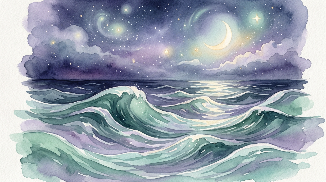 A moody, beautiful illustration of deep ocean waves under a night sky, evoking the "cold and moist" depth Ptolemy's Tetrabiblos traditionally associates with the water temperament.