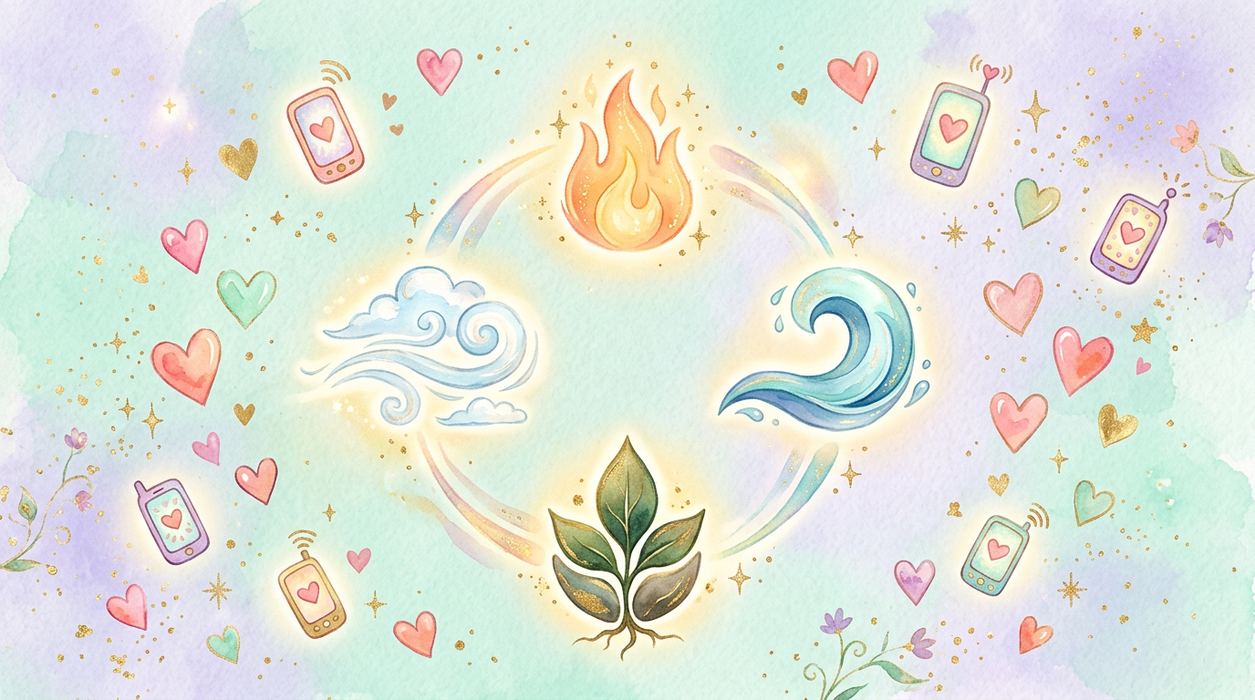 A playful illustration of four glowing symbols representing fire, earth, air, and water arranged in a circle, with small heart and phone icons scattered around them