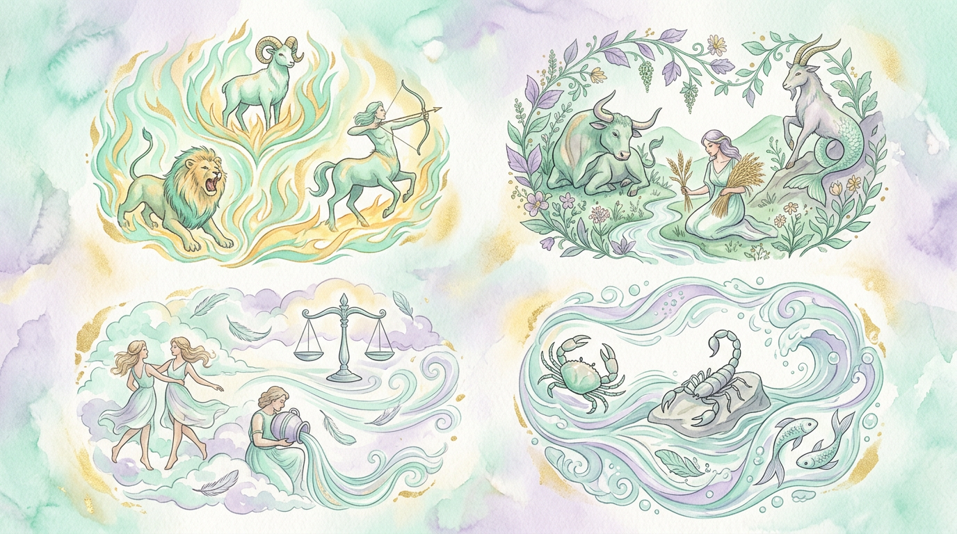 The twelve zodiac signs divided into their four elemental groups, a system documented in Ptolemy's Tetrabiblos.