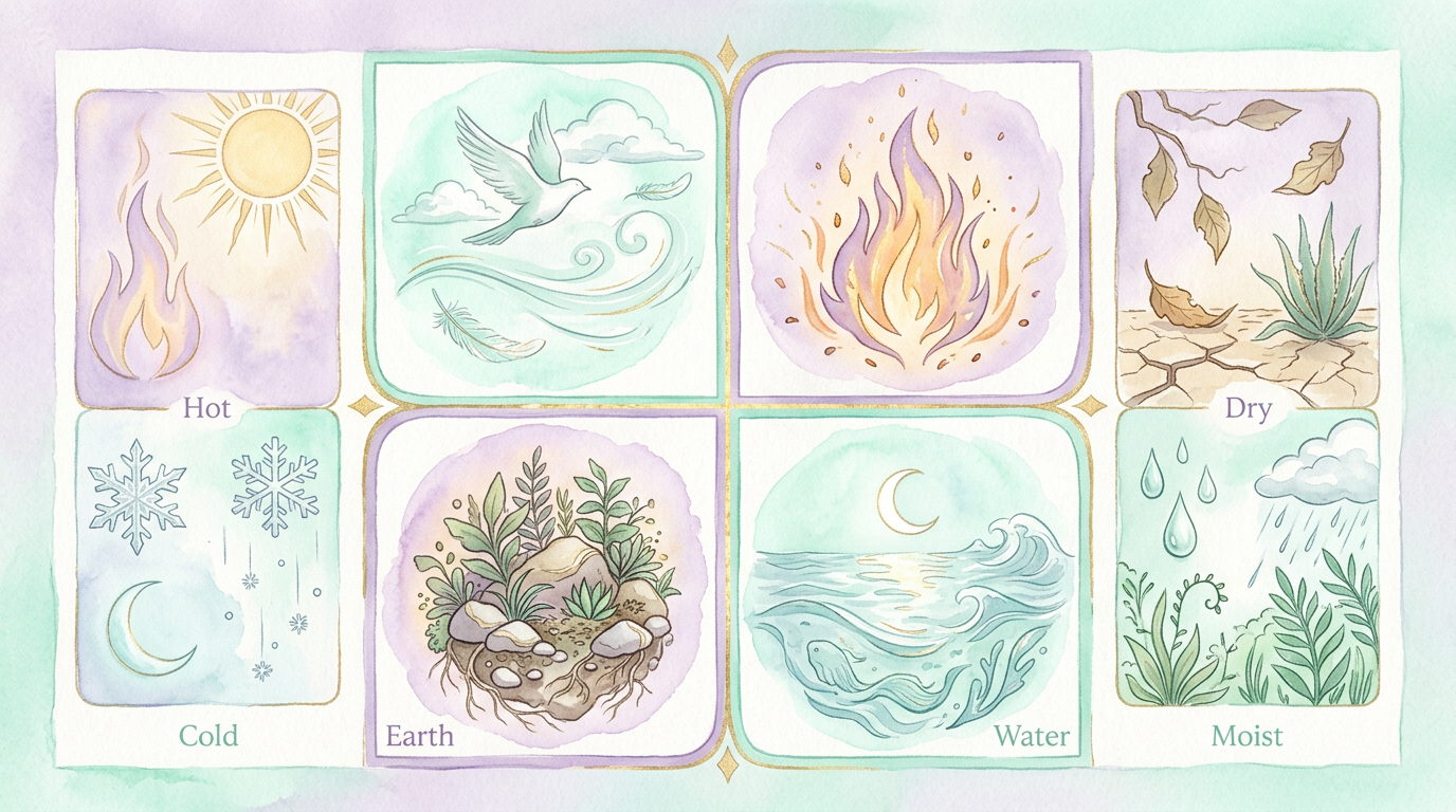 A simple grid showing each element paired with its traditional qualities, as outlined in Ptolemy's Tetrabiblos.