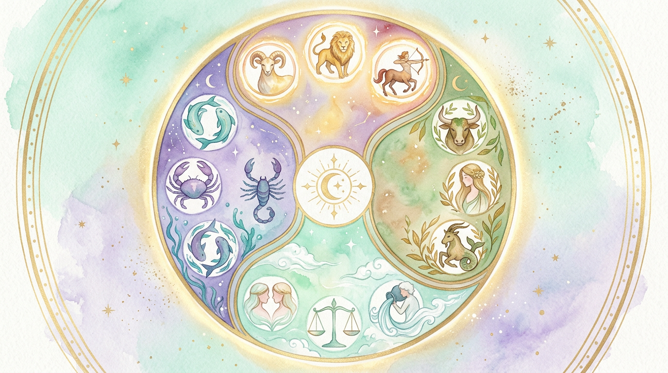 A circular diagram of the twelve zodiac signs grouped into four elements, as described in Ptolemy's Tetrabiblos.