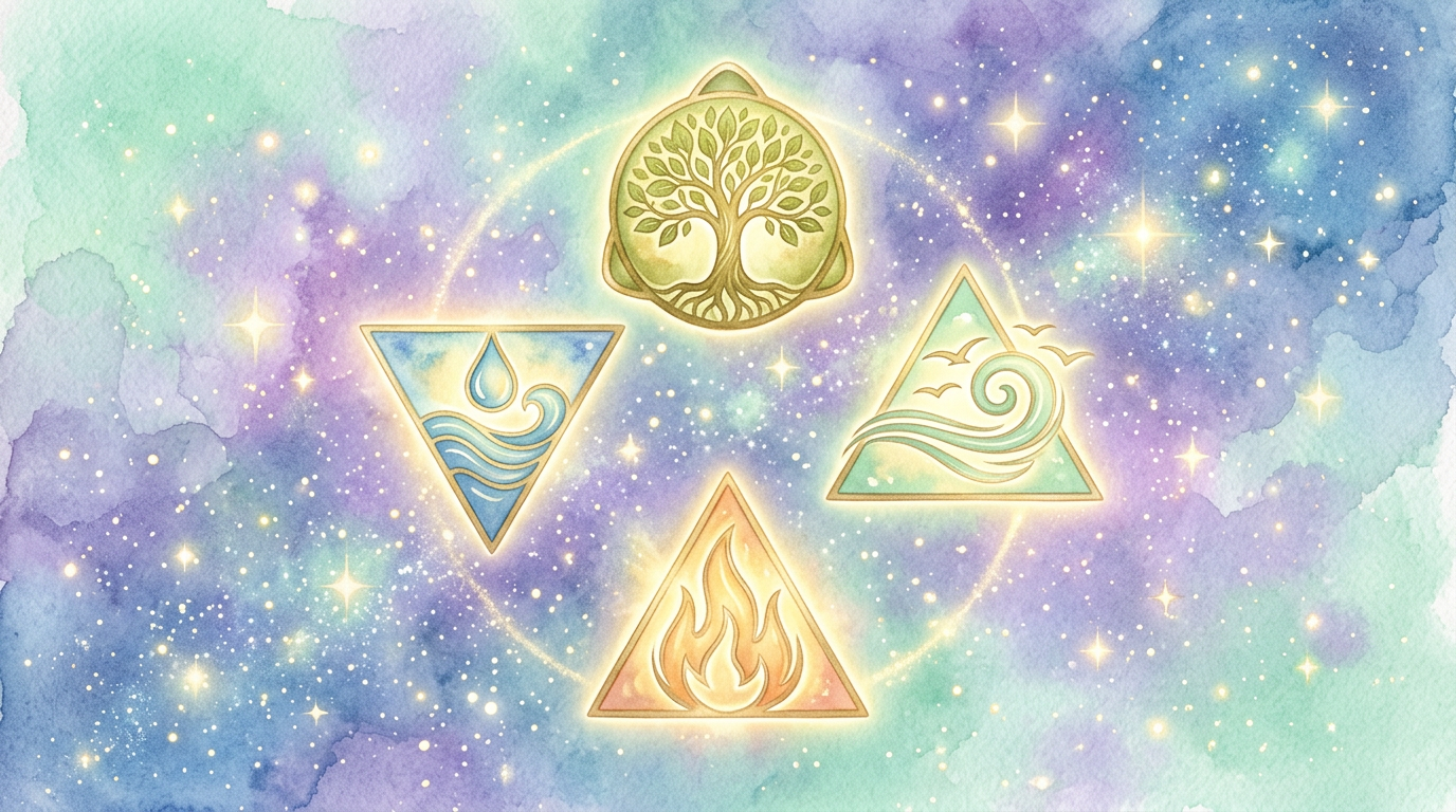 A soft, dreamy illustration showing four glowing symbols representing fire, earth, air, and water arranged in a circle against a starry background, with no text