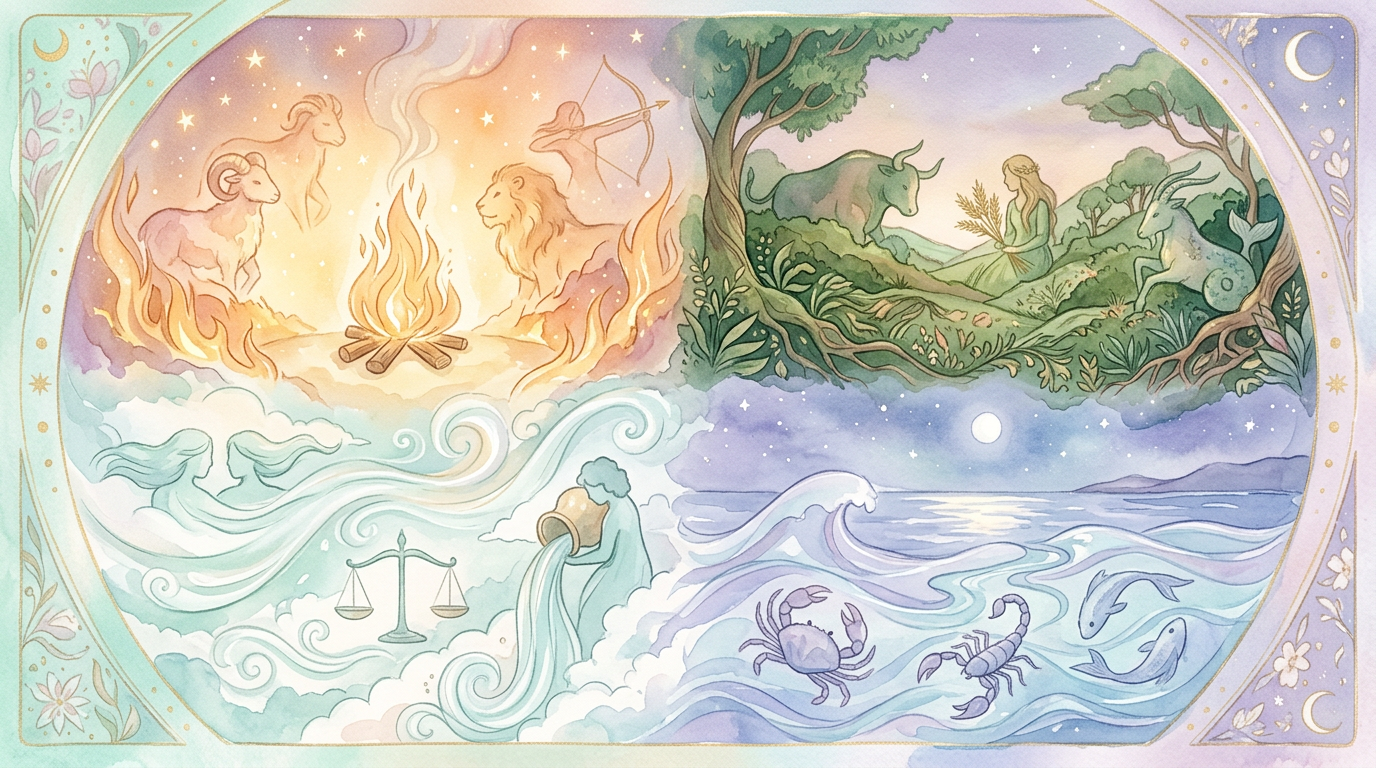 Fire, earth, air, and water as the four classical elements — the same framework Ptolemy's Tetrabiblos assigns to the twelve zodiac signs.
