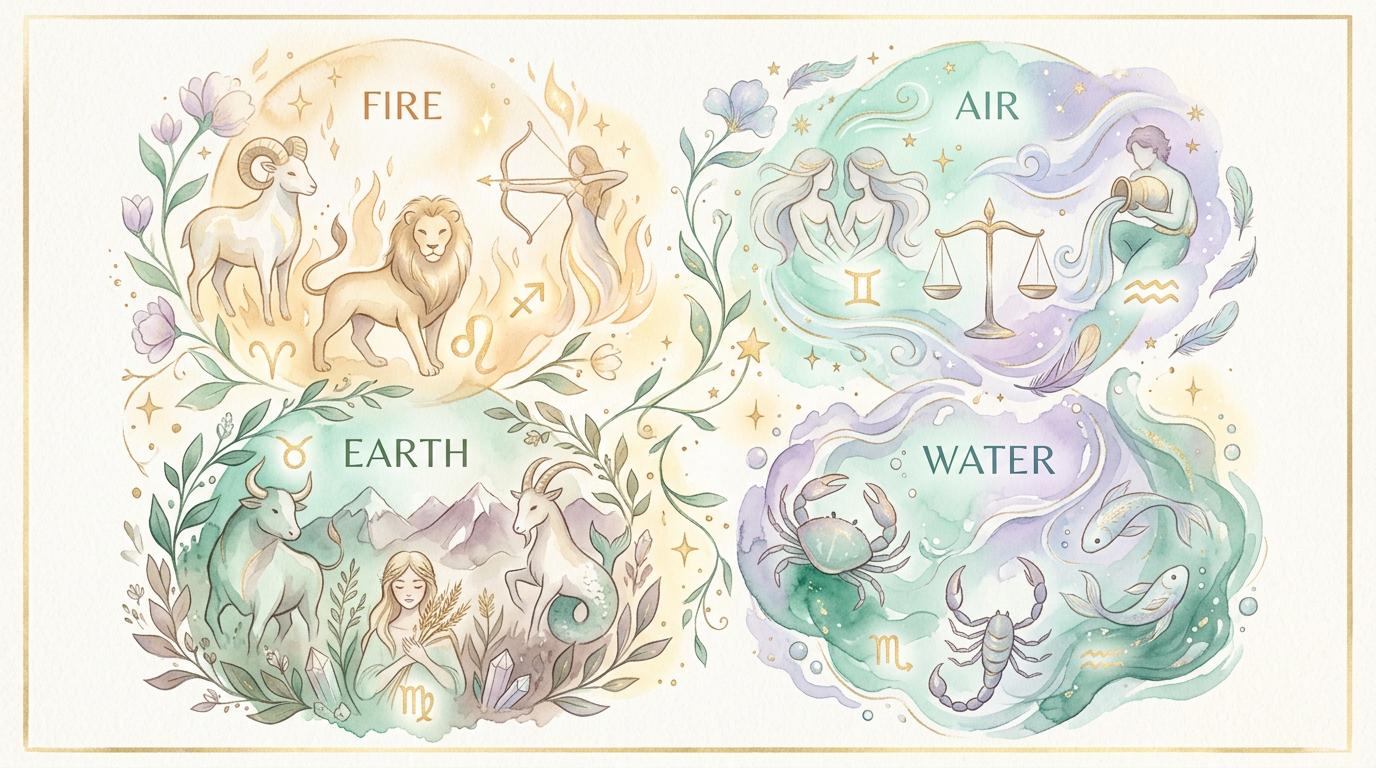 The fire, earth, air, and water groupings of the twelve zodiac signs, as documented in Ptolemy's Tetrabiblos (2nd century CE).