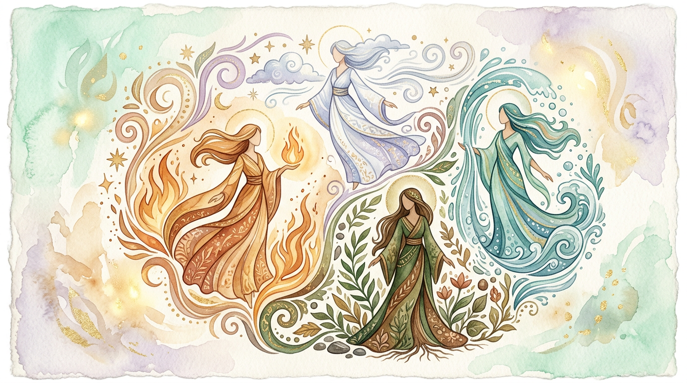 A decorative illustration of four stylized human figures surrounded by swirling symbols of fire, earth, air, and water, rendered in warm earthy tones