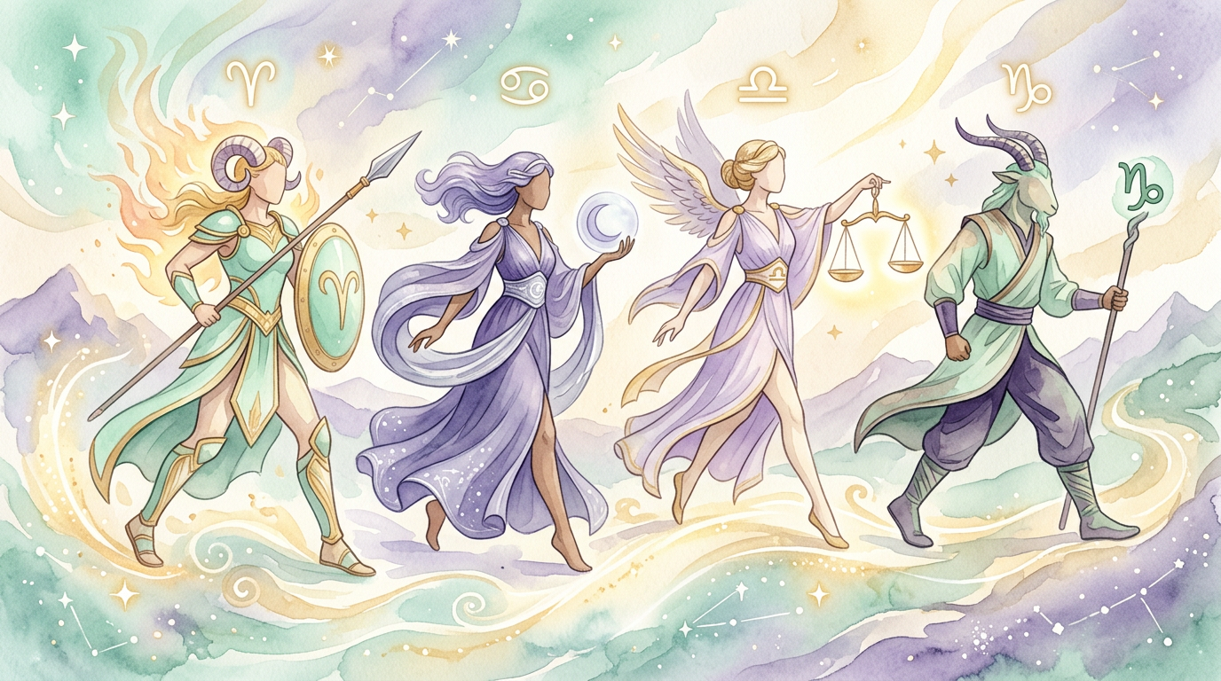 An illustration of four bold, dynamic figures each representing a cardinal sign, mid-stride and ready to lead, inspired by classical astrological tradition.