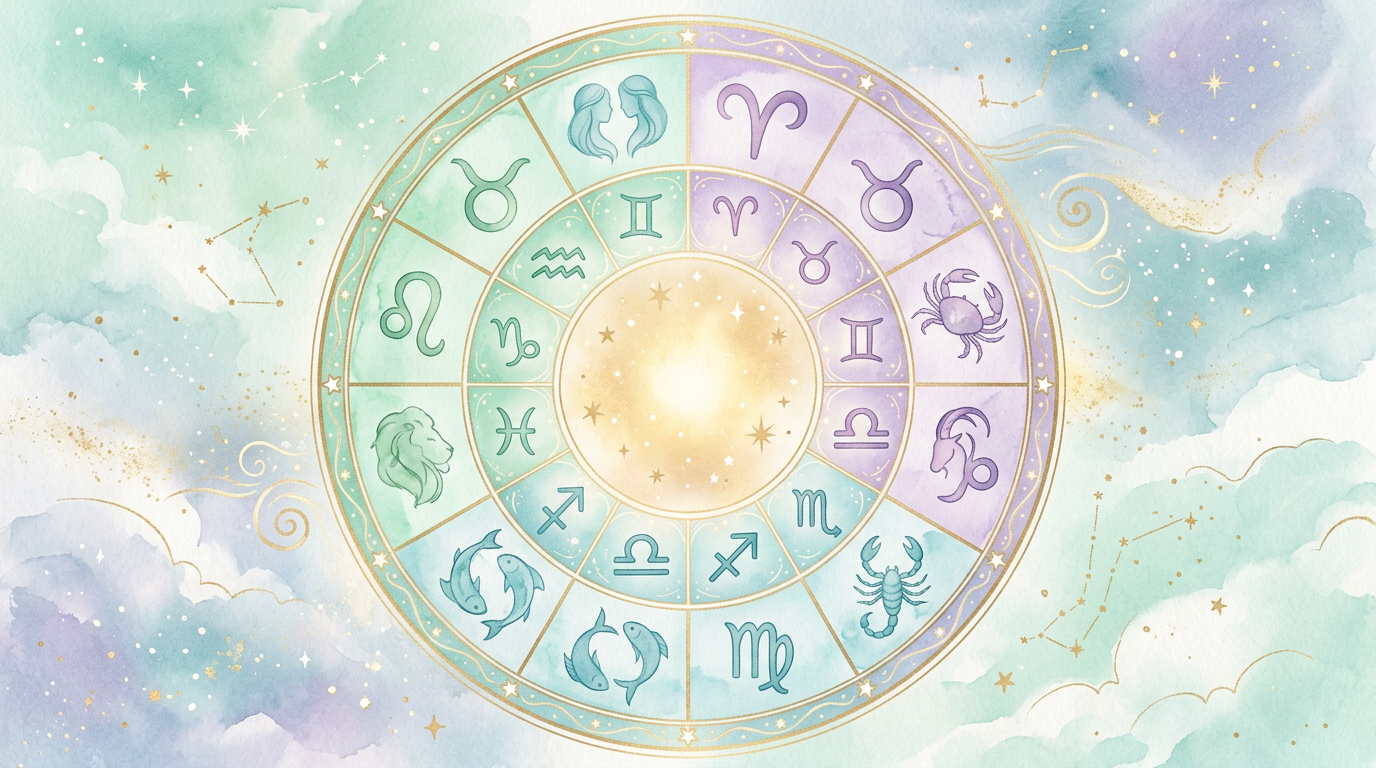 A stylized wheel dividing the twelve zodiac signs into three color-coded modality groups, based on Ptolemy's classification in the Tetrabiblos.