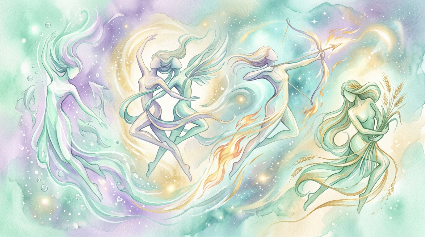 A fluid, abstract illustration of four figures in flowing movement, representing the adaptable mutable signs as described in classical astrological tradition.