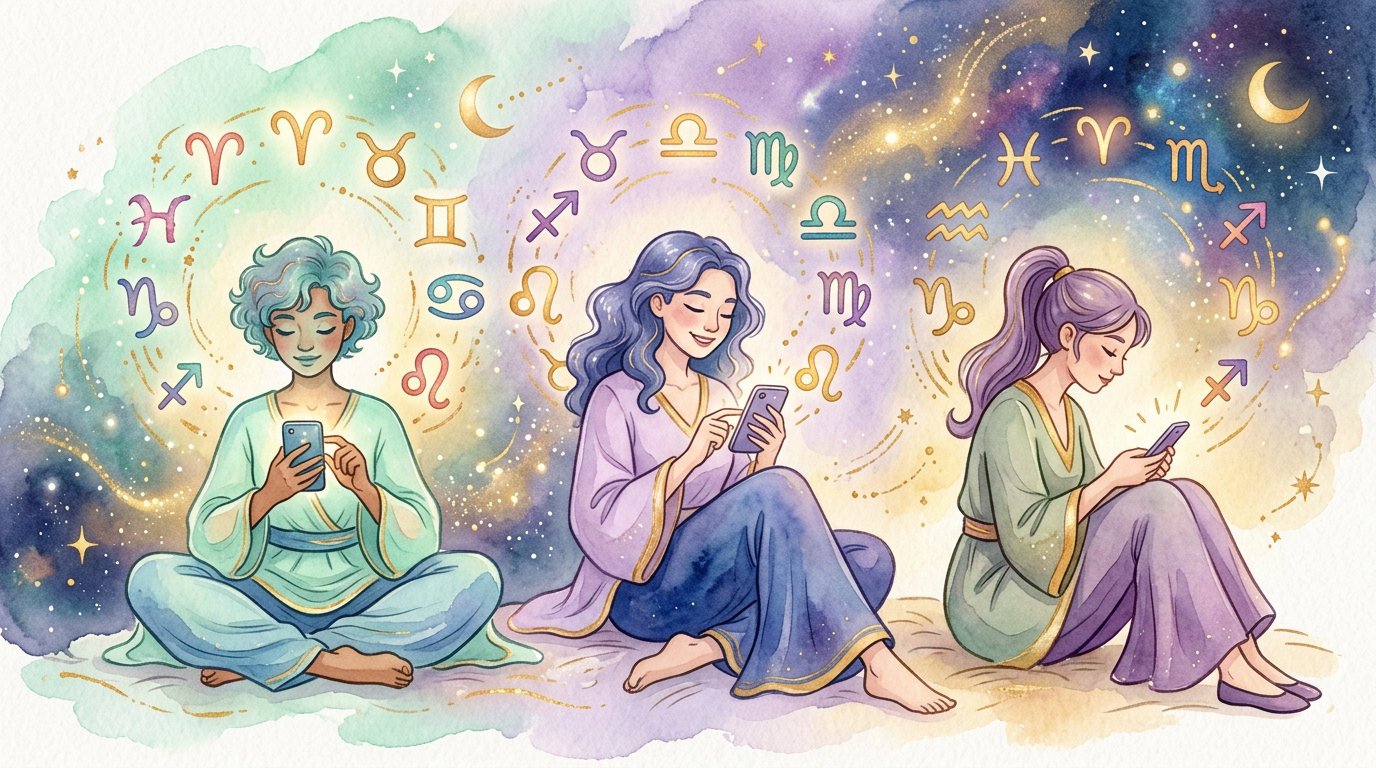 A playful illustration of three stylized figures texting on phones, each surrounded by swirling zodiac symbols in warm cosmic colors