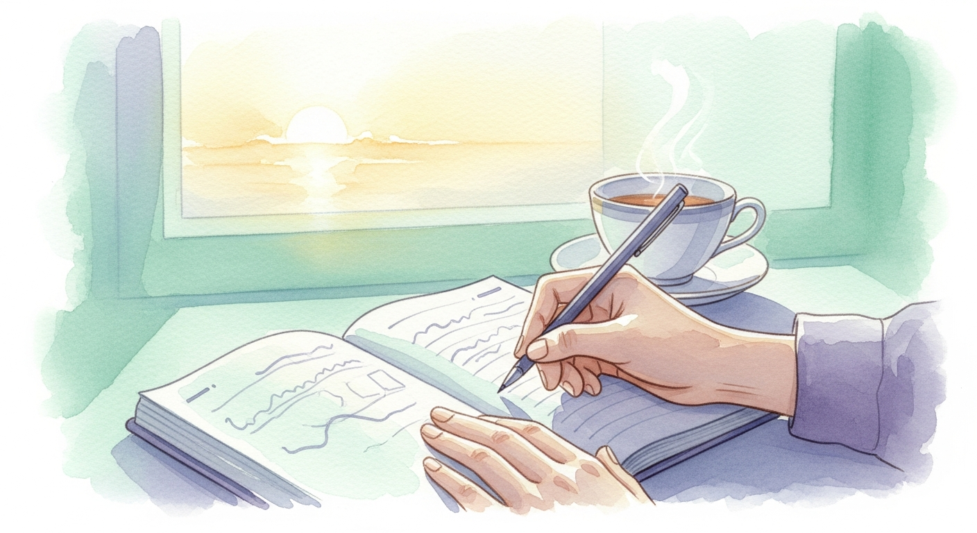 Ilustración de una mano escribiendo en un diario junto a una taza de té al amanecer, símbolo del registro personal como herramienta de reflexión.