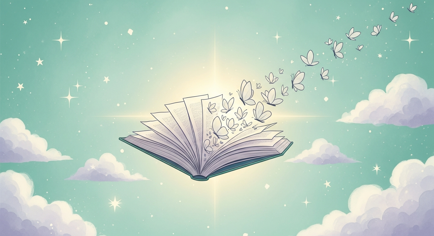 Ilustración onírica de un libro abierto flotando entre nubes y estrellas, con páginas que se convierten en mariposas