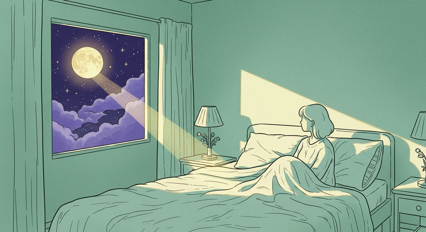 Ilustración de una persona despierta en la cama mirando la luna por la ventana, evocando la conexión entre los ritmos nocturnos y el sueño ligero de la madrugada.