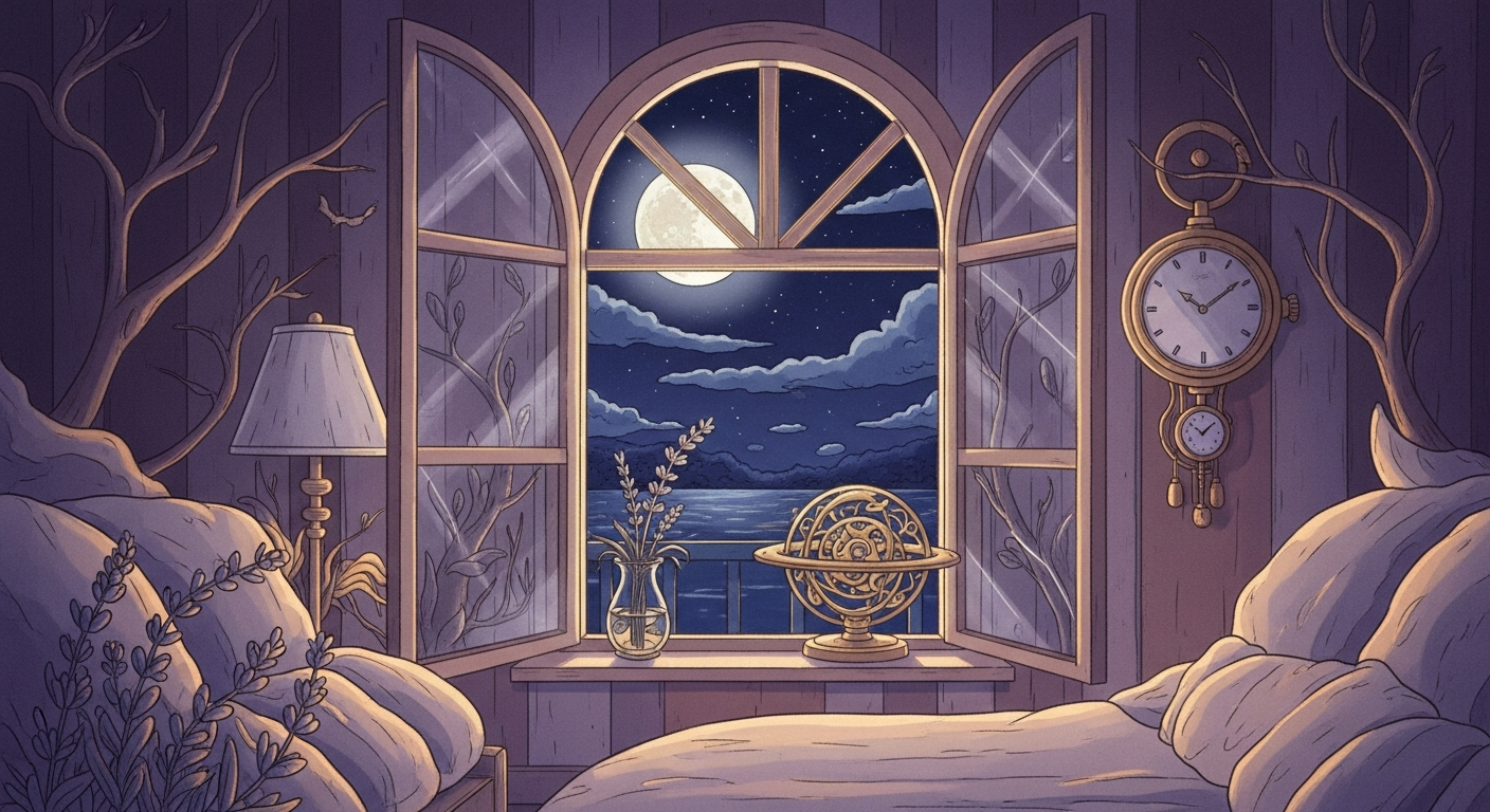 Ilustración de una habitación oscura iluminada por la luna, con un reloj analógico marcando las 3:00 y sombras suaves de ramas en la pared