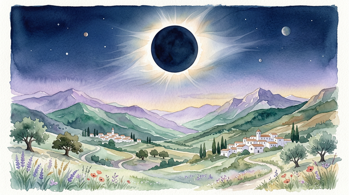 Ilustración de un eclipse solar total sobre un paisaje montañoso español, con la corona solar brillando alrededor de un disco negro perfecto en un cielo azul profundo