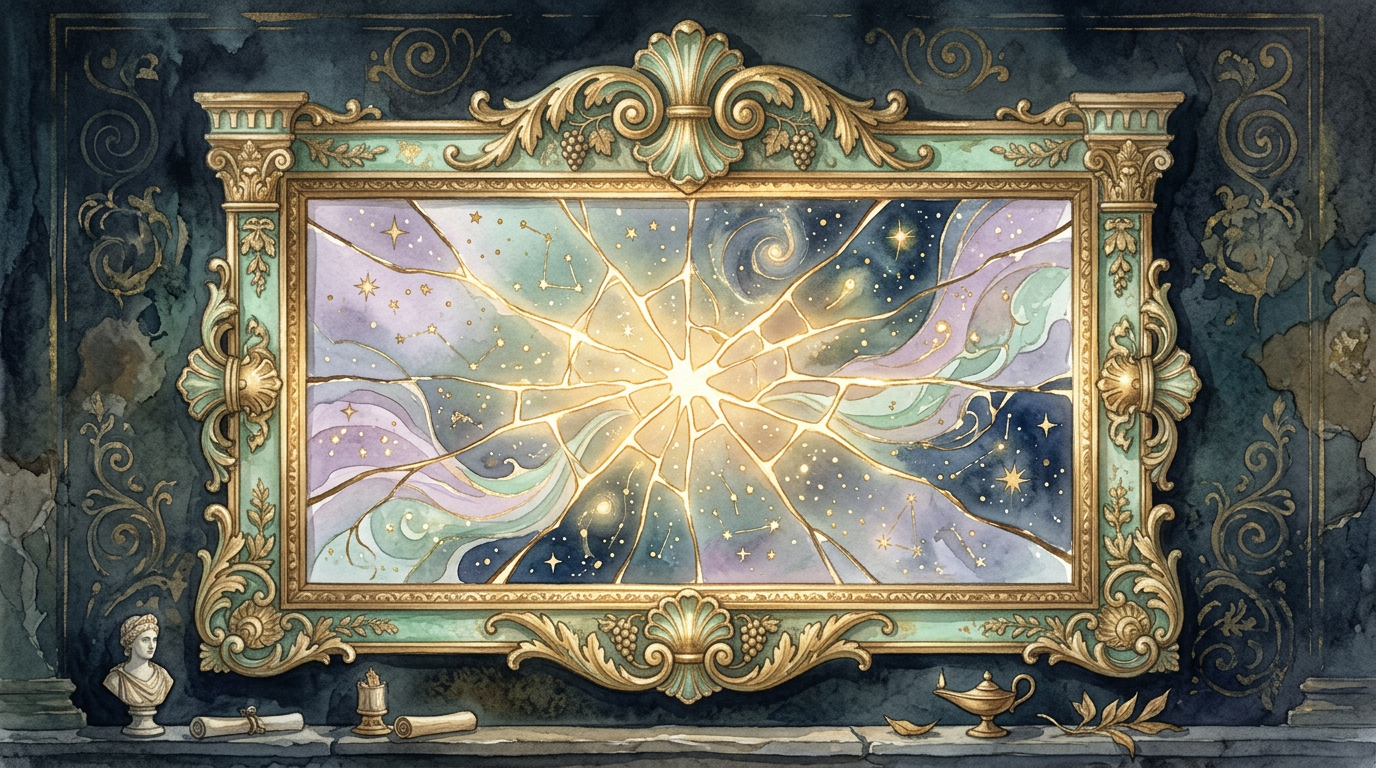 Ilustración de un espejo antiguo con grietas que irradian luz dorada, fragmentos reflejando patrones de estrellas y formas etéreas, sobre fondo oscuro con detalles ornamentales romanos