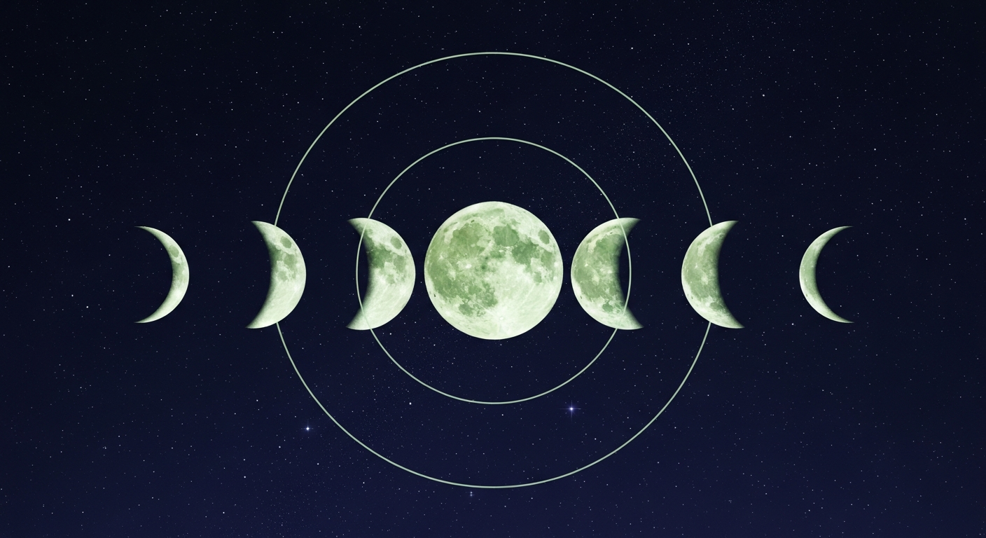 Ilustración serena de las ocho fases de la Luna dispuestas en círculo sobre un cielo nocturno índigo, sin texto ni personas reales