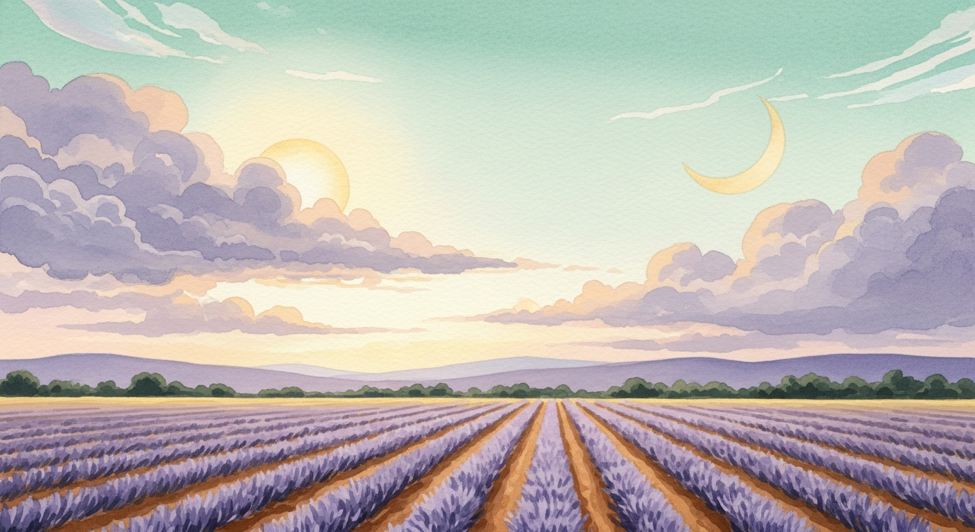 Ilustración de un cielo campestre con nubes, sol y luna sobre campos de cultivo, evocando la observación tradicional del tiempo atmosférico