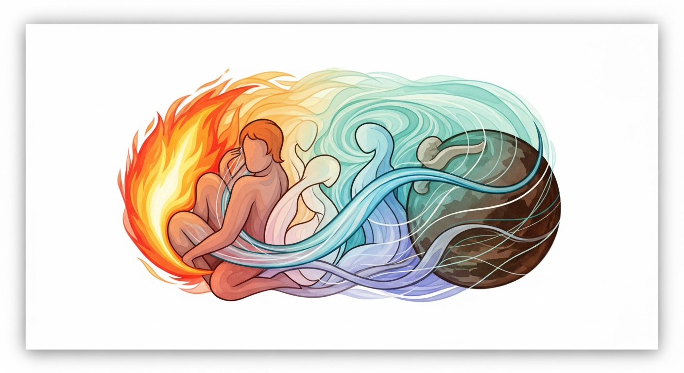 Los cuatro elementos clásicos —fuego, agua, aire y tierra— asociados a los temperamentos según la tradición galénica recogida en De Temperamentis.