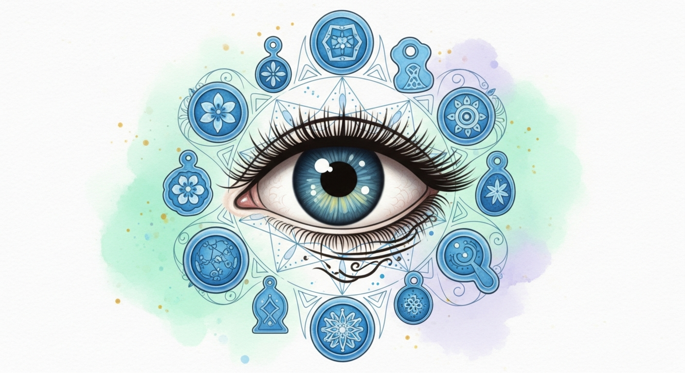 Ilustración de un ojo estilizado rodeado de amuletos azules y patrones geométricos inspirados en el Mediterráneo y Oriente Medio, sin texto
