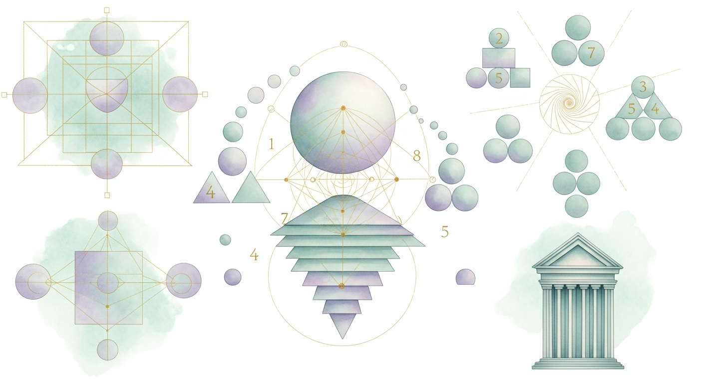 Ilustración estilizada de figuras geométricas y números al estilo de la antigüedad griega, evocando la filosofía numérica pitagórica del siglo VI a. C.