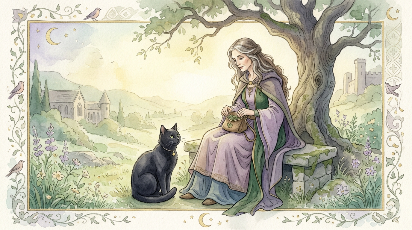Ilustración medieval estilizada de una bruja con un gato negro a su lado, representando la tradición folclórica del 'familiar' demoníaco documentada en los registros históricos de juicios por brujería europeos.