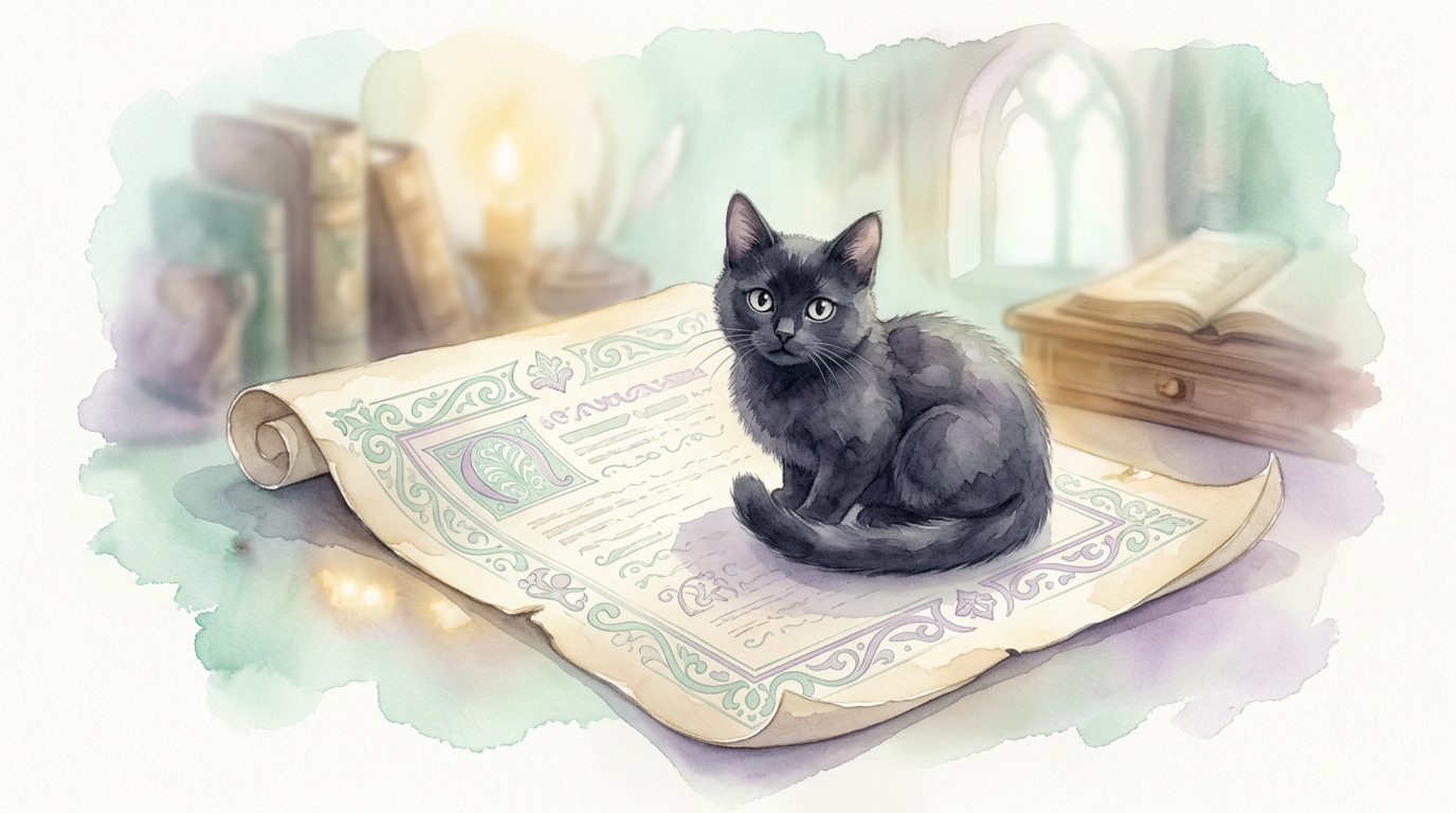 Ilustración de un gato negro sobre un pergamino medieval, evocando la bula papal Vox in Rama (1233) documentada como una de las raíces más tempranas de esta superstición.