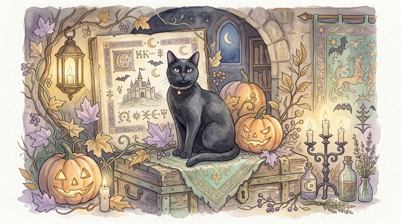 Ilustración festiva de un gato negro entre decoraciones de Halloween, representando cómo el folclore medieval documentado sobrevivió hasta convertirse en ícono popular contemporáneo.