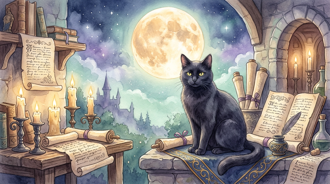 Ilustración estilizada de un gato negro sentado bajo una luna llena, rodeado de pergaminos medievales y velas encendidas, sin texto en la imagen