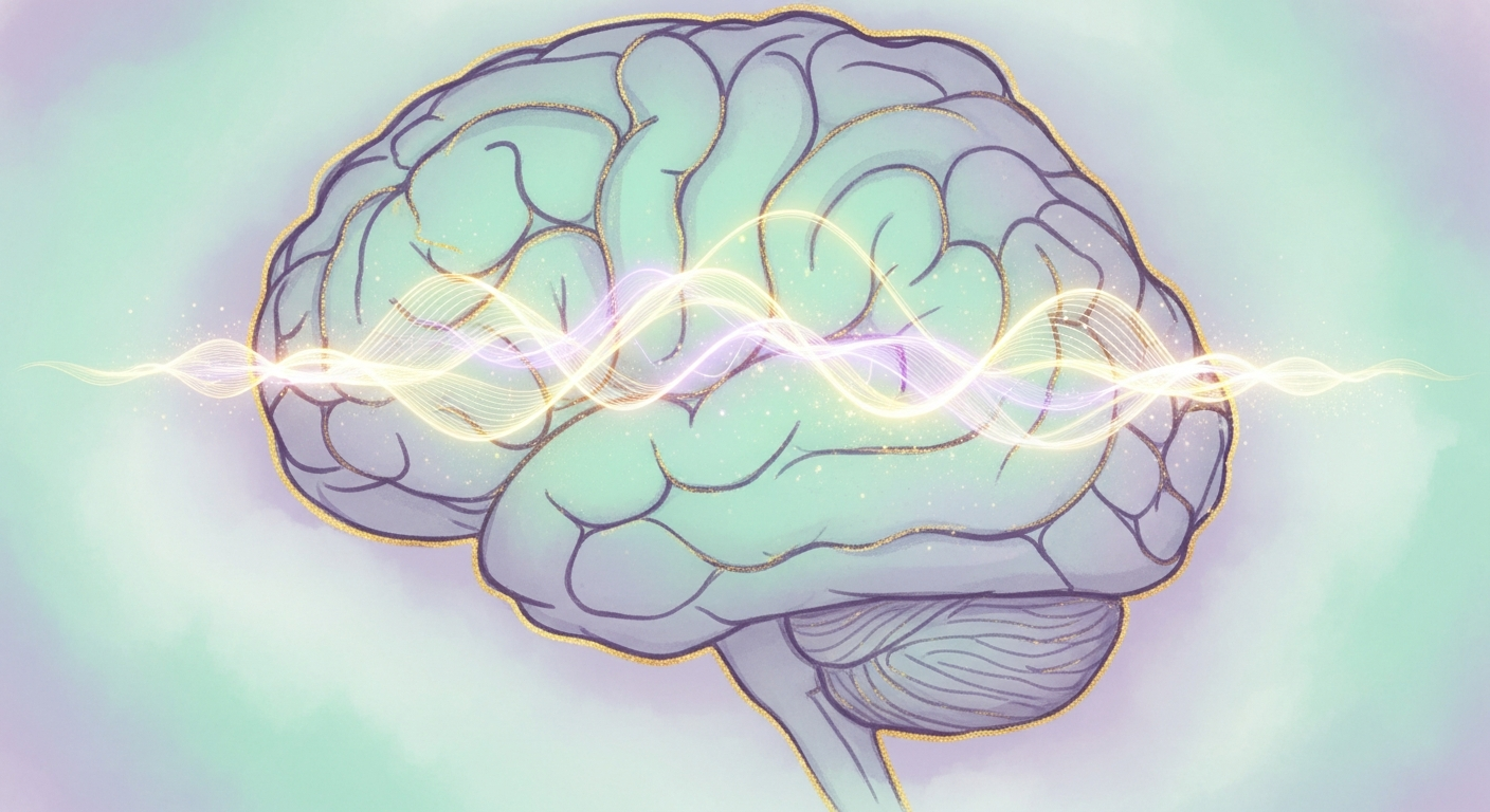 Ilustración abstracta de un cerebro en estado de sueño, con ondas de luz que representan actividad emocional nocturna.