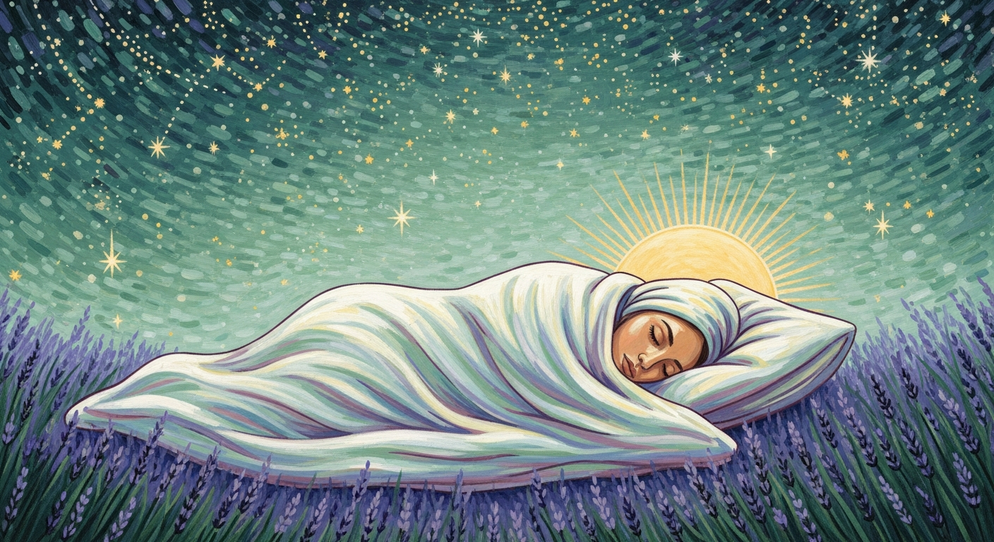 Ilustración suave de una persona durmiendo plácidamente bajo un cielo estrellado, transmitiendo calma y seguridad.