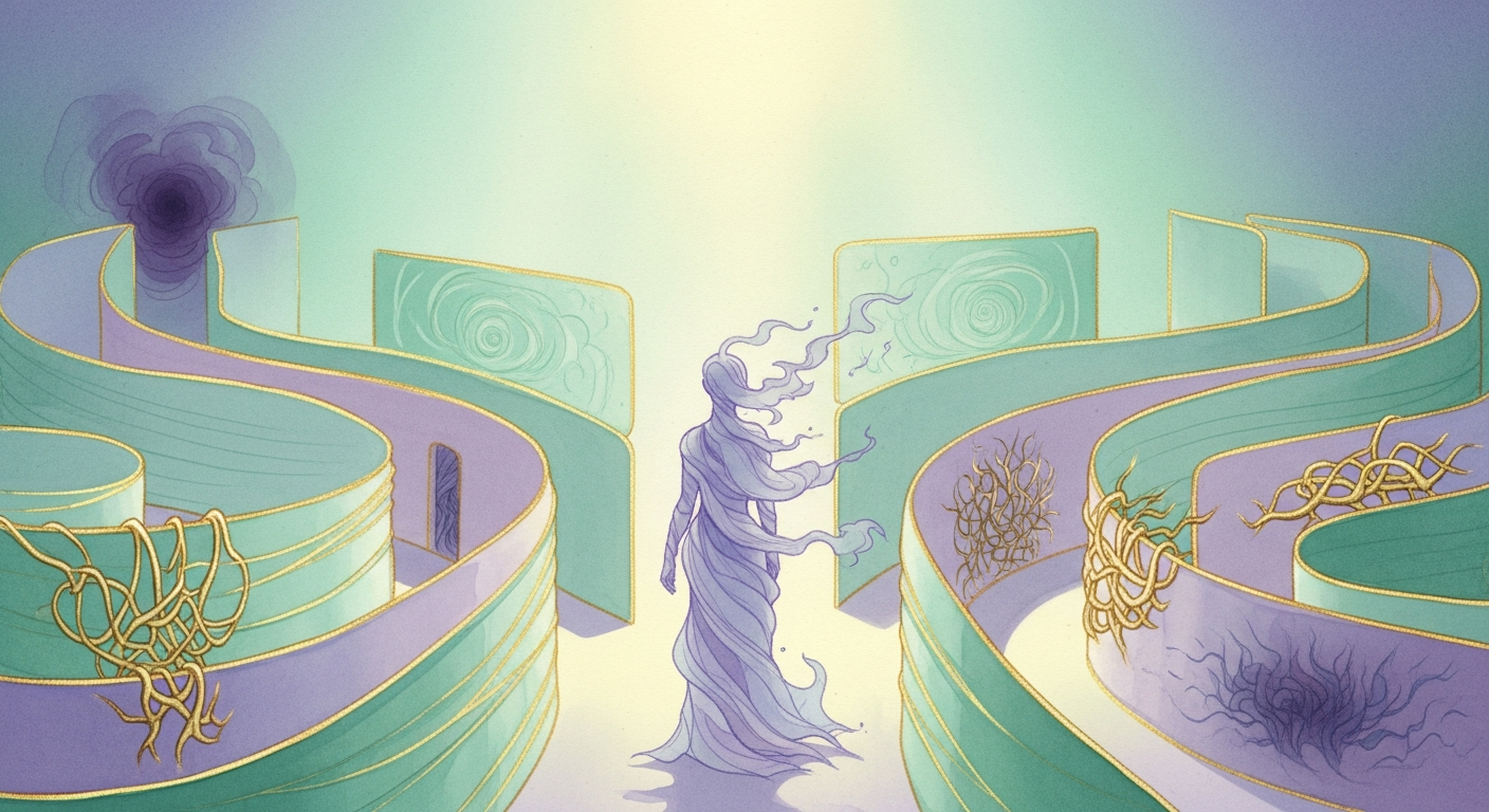 Ilustración conceptual de una figura en un laberinto onírico, evocando la idea de simulación de amenazas descrita por Revonsuo (2000).