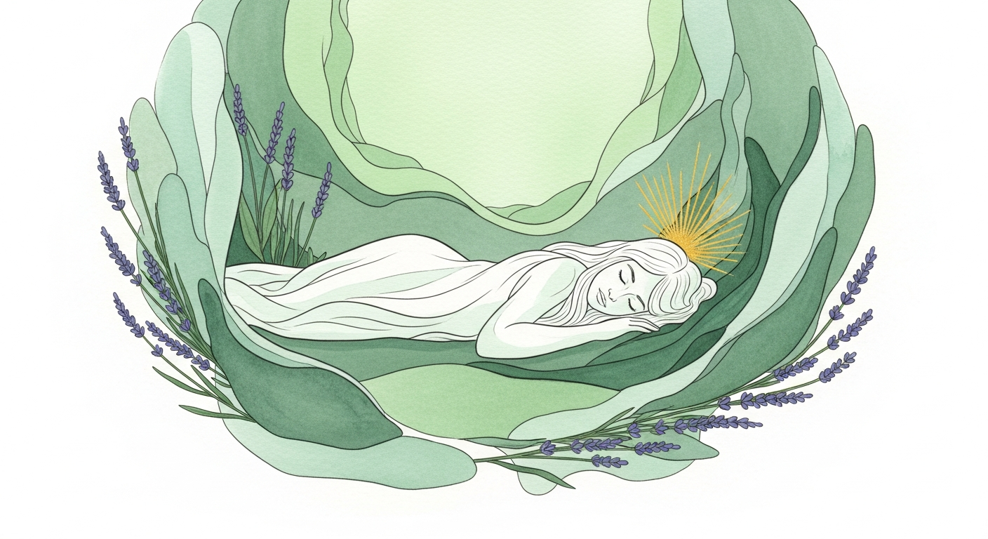 Ilustración onírica y serena de una figura durmiendo rodeada de formas abstractas que evocan sombras y luces suaves, sin texto