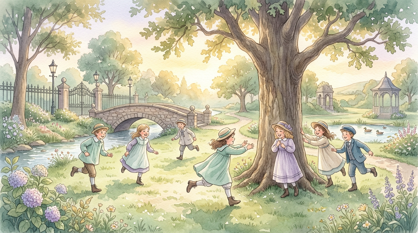Ilustración de niños jugando al aire libre junto a árboles en un parque de estilo victoriano: el juego "Tiggy Touchwood" es, según el folclorista Steve Roud, el origen más probable de la superstición moderna.