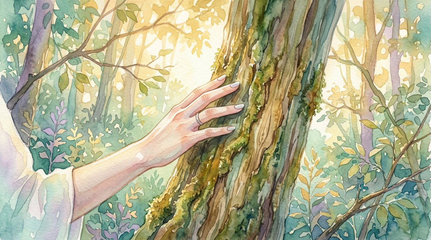 Ilustración de una mano femenina tocando suavemente la superficie de un tronco de madera en un bosque iluminado con luz cálida y dorada