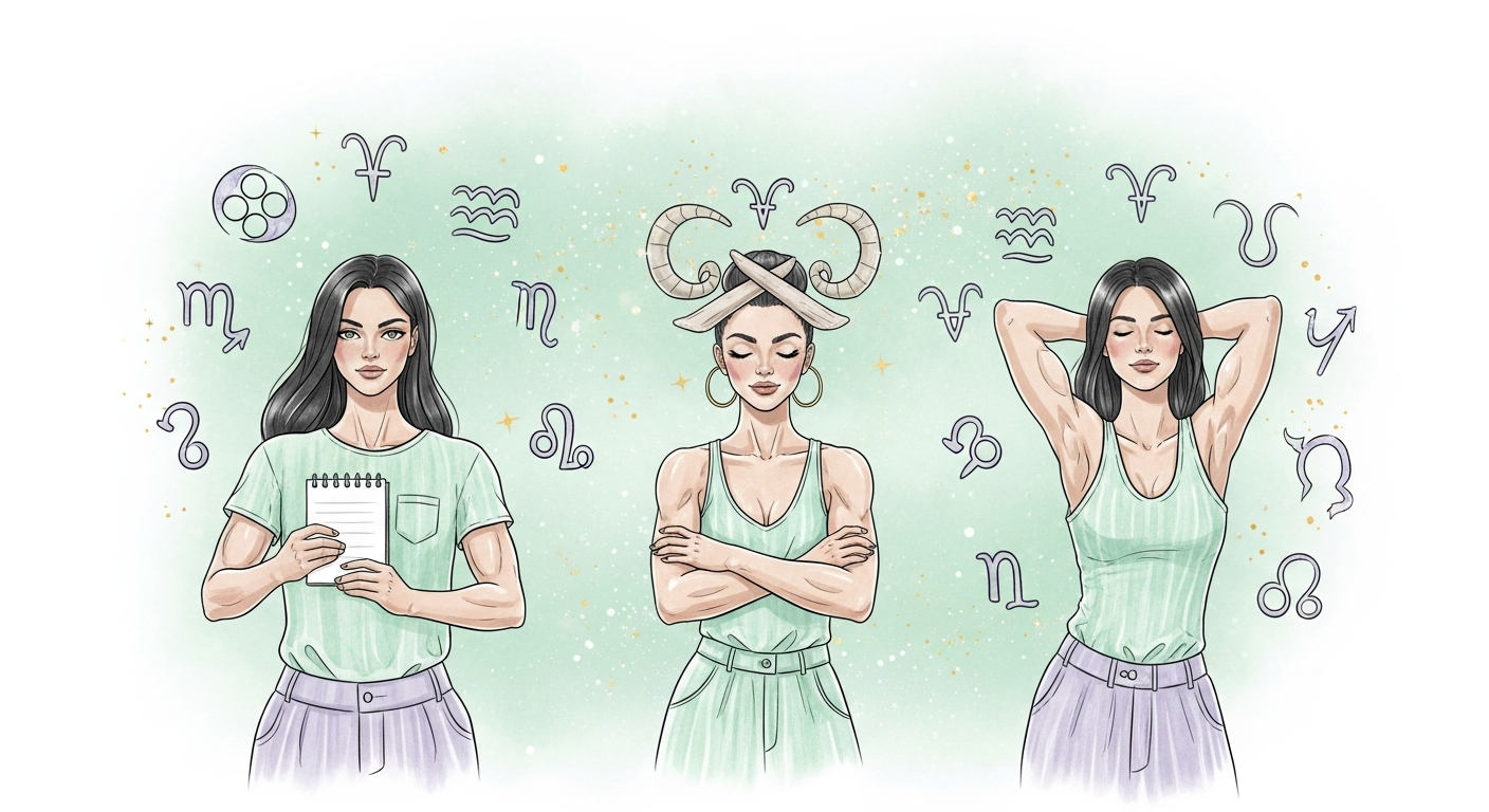 Ilustración de tres figuras femeninas estilizadas con distintas personalidades: una con agenda en mano, otra con brazos cruzados y otra relajada, rodeadas de símbolos del zodiaco sobre fondo cósmico.