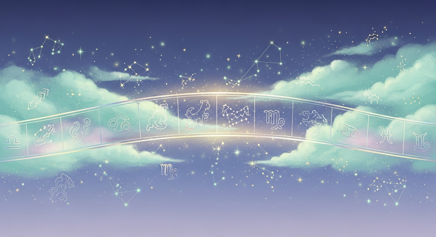 Ilustración del cielo nocturno con la franja del zodiaco y líneas de constelaciones trazadas en azul y dorado sobre fondo oscuro, sin texto