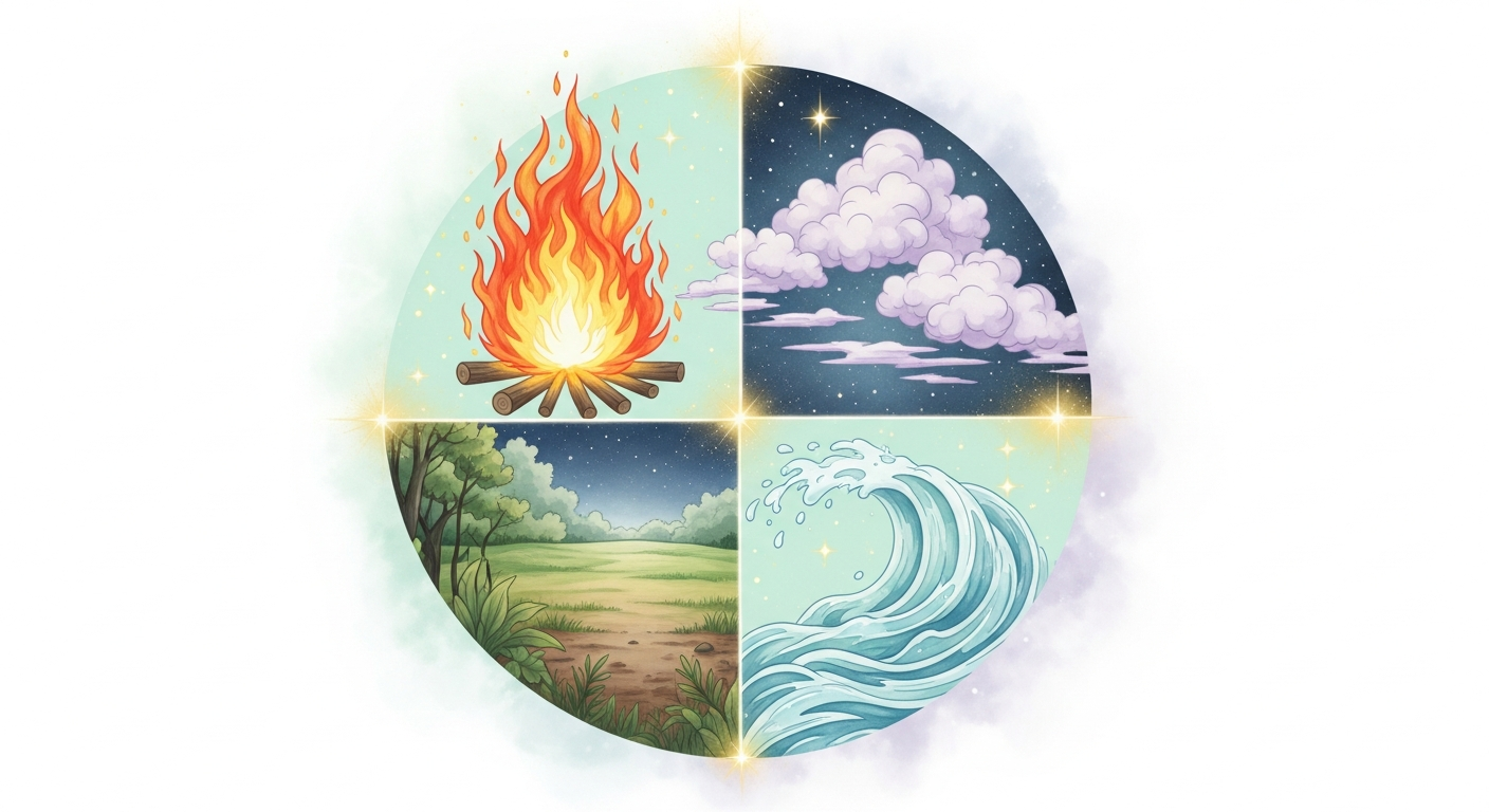 Ilustración de los cuatro elementos —llamas, tierra, nubes y agua— dispuestos en círculo sobre un fondo nocturno estrellado, sin texto