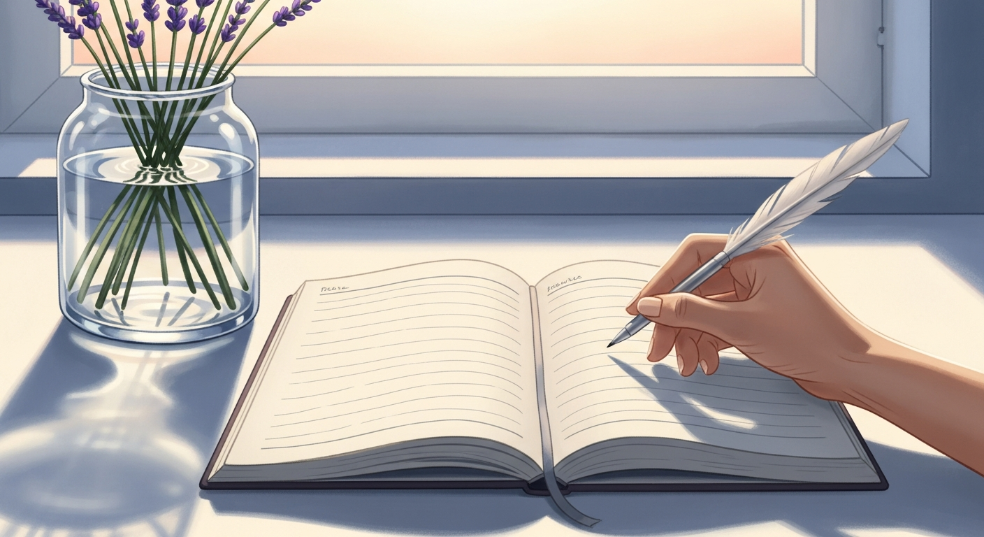 Ilustración tranquila de una persona escribiendo en un diario al amanecer junto a un vaso de agua, evocando la práctica de reflexionar sobre los sueños como ejercicio de autoconocimiento.