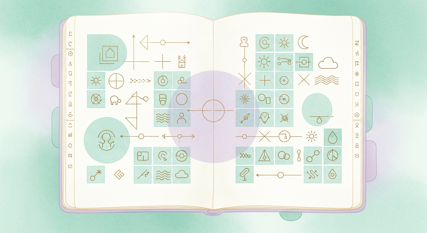 Representación visual abstracta de un cuaderno de notas con gráficos y símbolos de sueños, evocando el sistema de codificación de Hall y Van de Castle descrito en The Content Analysis of Dreams (1966).