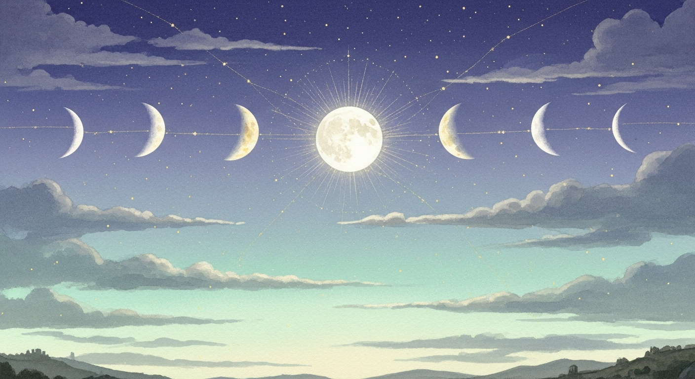 Representación artística de un cielo nocturno antiguo con la luna en distintas fases, evocando los astros descritos por Artemidoro en su Oneirocrítica del siglo II d. C.