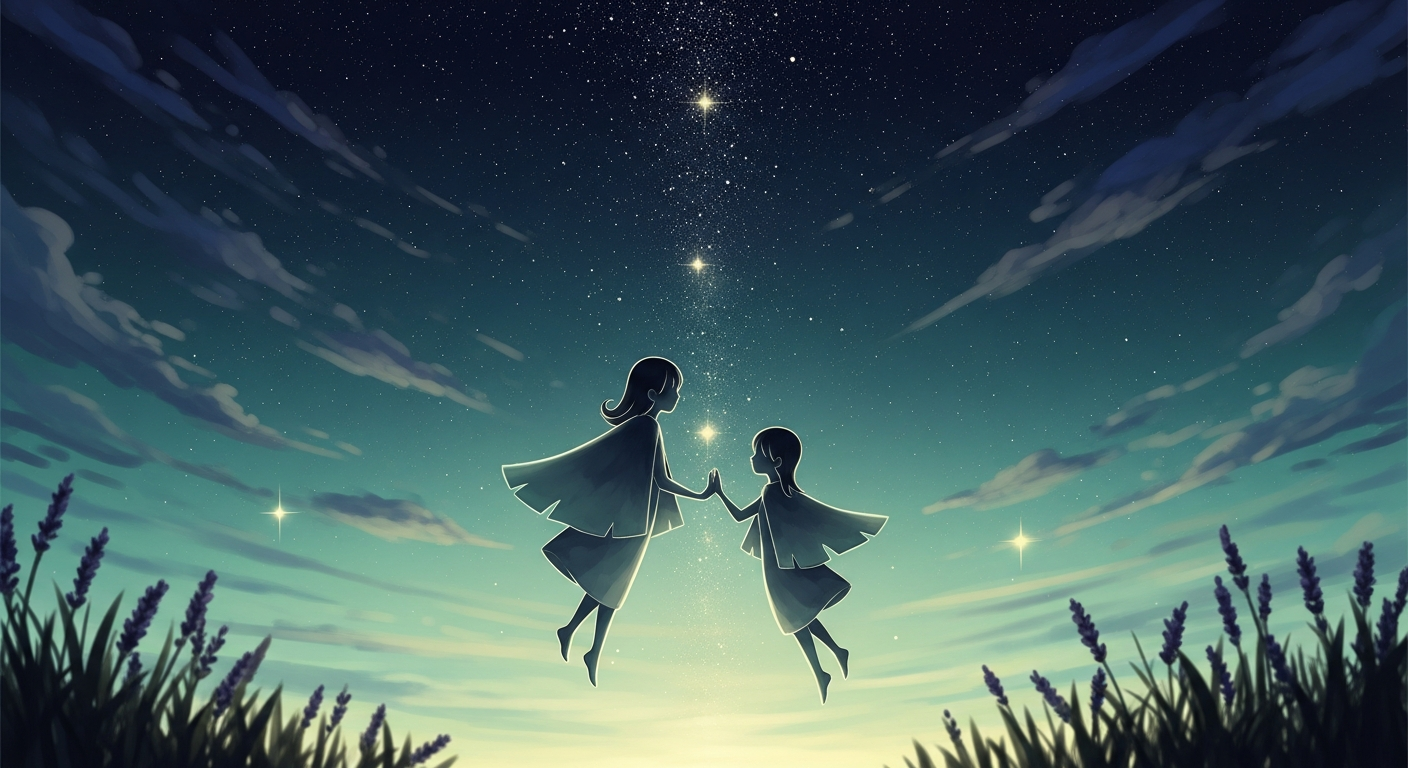 Ilustración etérea de dos siluetas flotando en un cielo nocturno lleno de estrellas, una mirando a la otra desde la distancia, tonos azul índigo y lavanda