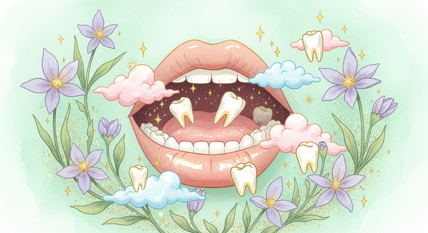 Ilustración onírica y serena de una boca entreabierta rodeada de estrellas y flores, con dientes flotando suavemente entre nubes pastel, sin texto ni personas reales