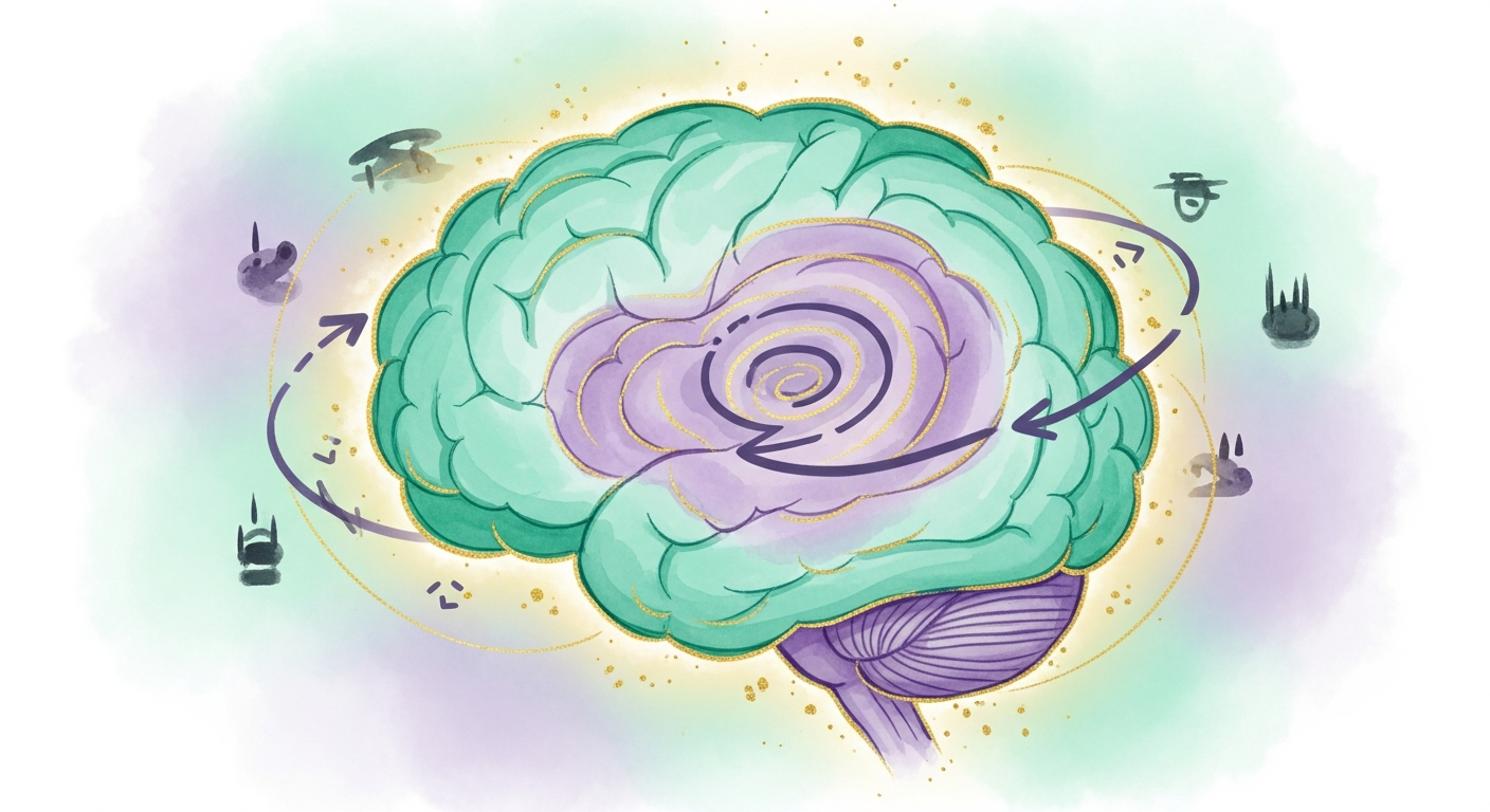 Ilustración conceptual del cerebro activo durante el sueño REM, donde según Revonsuo ocurre el ensayo de amenazas.