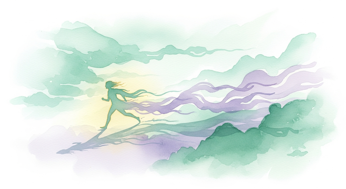 Ilustración onírica de una figura corriendo por un paisaje neblinoso y abstracto, con sombras difusas detrás, paleta en azules y violetas