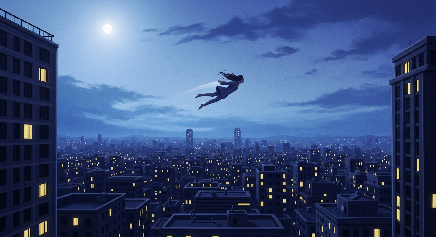 Ilustración de una figura flotando sobre una ciudad dormida; el sueño de volar es uno de los más reportados en investigaciones contemporáneas, según Michael Schredl.