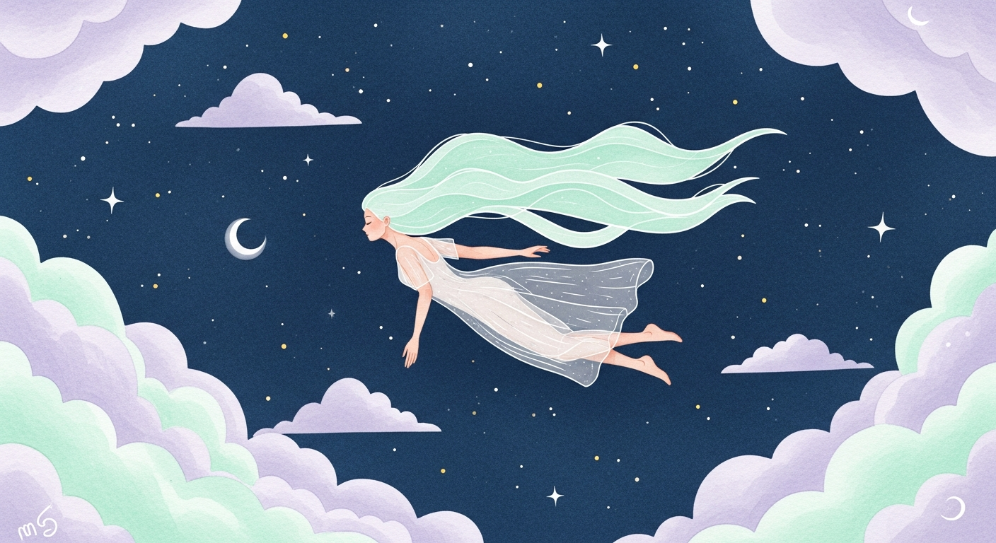 Ilustración etérea de una figura femenina flotando entre nubes suaves en un cielo nocturno azul profundo, con estrellas dispersas alrededor