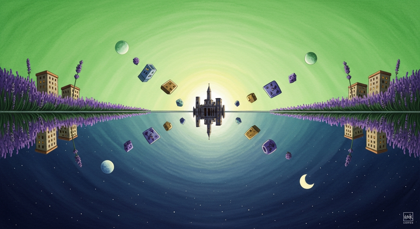 Ilustración conceptual de dos mundos paralelos —el día y la noche— conectados por los mismos temas flotando entre ellos, inspirada en la hipótesis de continuidad de Domhoff (1996).