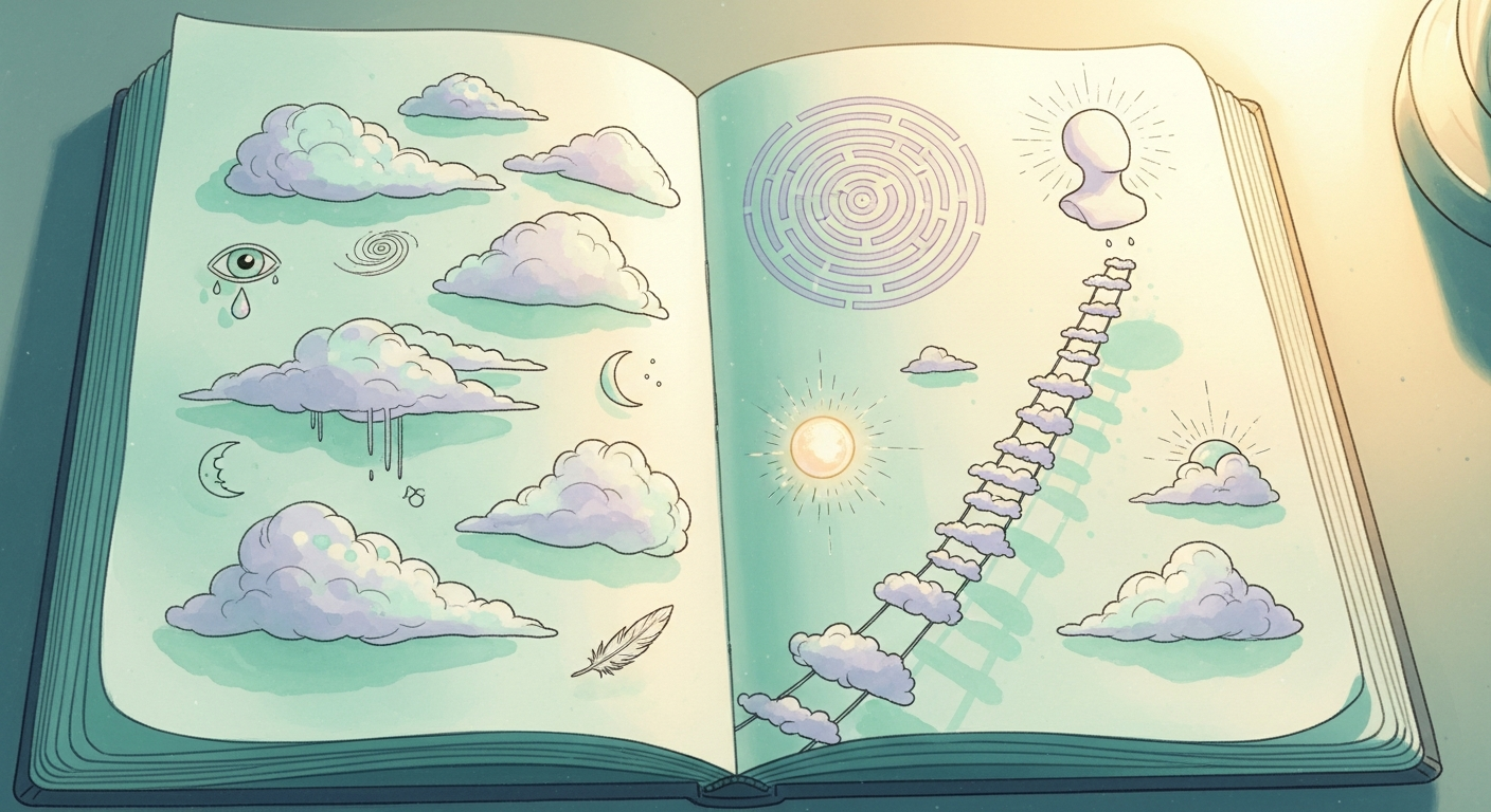 Ilustración de un diario abierto con bocetos de nubes y símbolos oníricos, representando la práctica de registrar sueños para encontrar patrones personales.