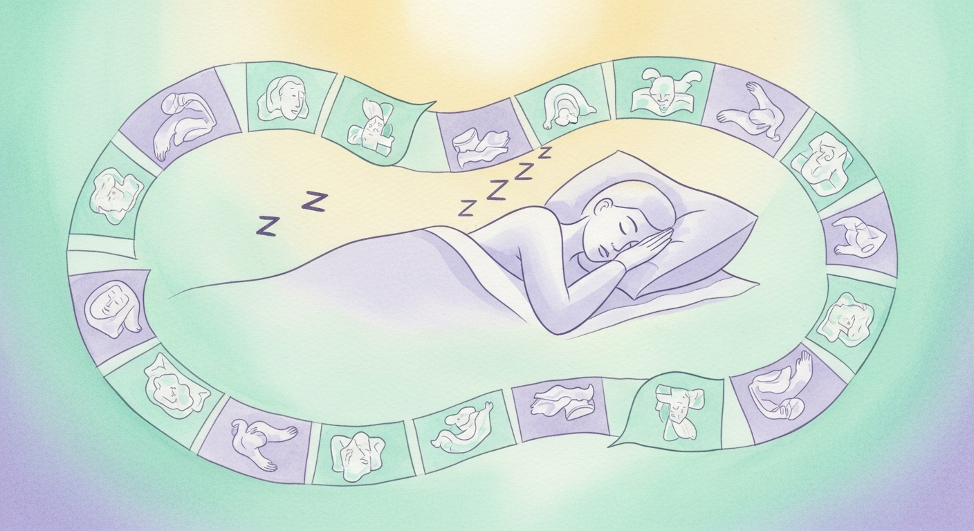 Ilustración de una figura durmiendo rodeada de imágenes que se repiten en bucle, evocando la naturaleza cíclica de los sueños recurrentes.